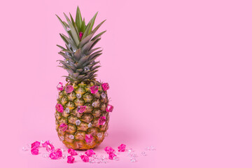 Glamorous female pineapple hipster with bright diamonds, stylish fruit.