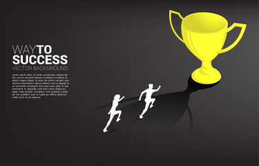 Silhouette businessman running to champion trophy. Business Concept of leadership goal and vision mission
