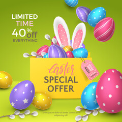 Vector fun sale banner with fur ears of bunny, tag, pussy willow, coloured realistic 3D eggs in shopping bag and text Easter. Festive cartoon layout with green background for holiday discount flyers.