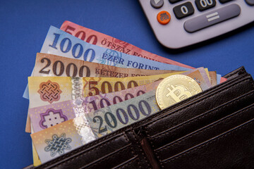 Several Hungarian forint paper money denominations, with a calculator on a blue background and a gold bitcoin digital cryptocurrency coin, in a wallet. Bank image and photo.