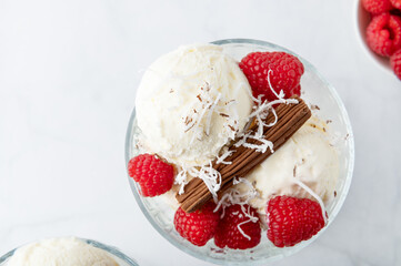 Vanilla Ice Cream Scoops with raspberries and chocolate sticks, easy dessert at home