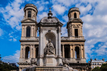 Fototapeta premium View of Saint-Sulpice church. Built in 1754 Eglise Saint-Sulpice is one of the biggest churches in Paris. Saint-Germain-des-Pres district, Place Saint-Sulpice, Paris, France.