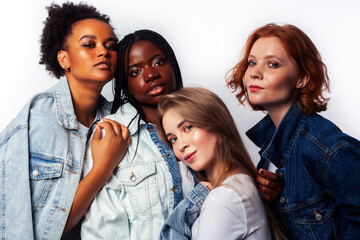 diverse multi nation girls group, teenage friends company cheerful having fun, happy smiling, cute posing isolated on white background, lifestyle people concept, african-american and caucasian