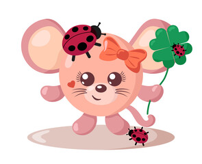 Funny cute smiling mouse with round body and ladybugs holding four-leaf good luck clover in flat design with shadows. Isolated animal vector illustration	