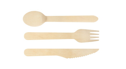 Wooden spoon, fork and knife isolated on white background