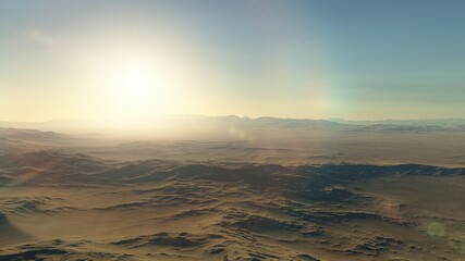 beautiful view from an exoplanet, a view from an alien planet, a computer-generated surface, a fantastic view of an unknown world, a fantasy world 3D render