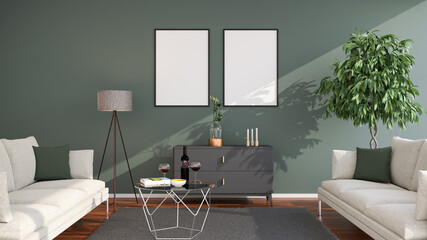 Luxury living room in a loft style appartement with sofa, coffee table, sideboard, floor lamp,...