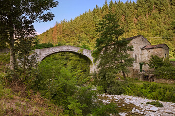 Fototapeta na wymiar Premilcuore, Forli-Cesena, Emilia-Romagna, Italy: the ancient arch bridge built around 1600 over the river Rabbi on the Apennine mountains