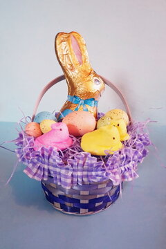 Purple Easter Basket with Speckled Eggs and Bunny