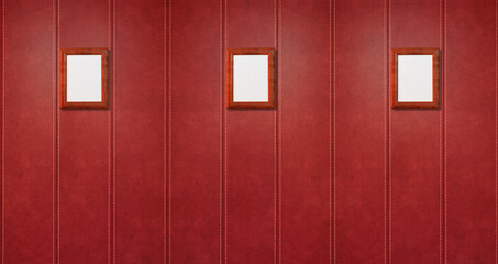 Three empty frames on the wall made of panels with leather texture. Seamless horizontal border - 415669422