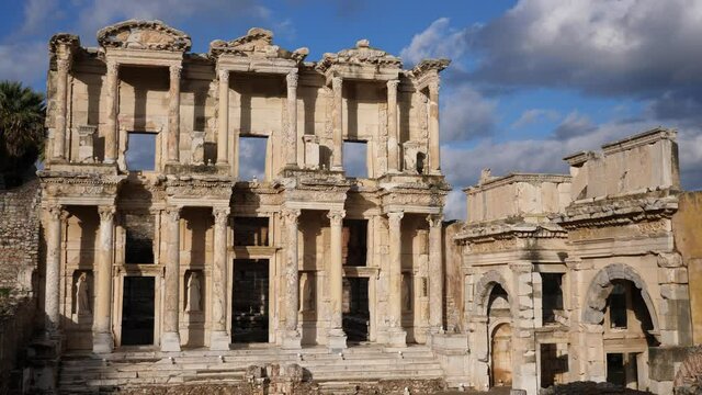 Ruins of Celsius Library and gate of Augustus in Ephesus in ancient city Ephesus. Turkey . High quality 4k footage
