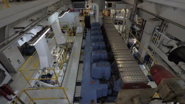 Main engine in engine room of ship top view
