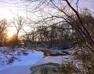 river in winter in the evening