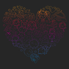 Kindergarten children. Doodle set of objects for kids. Toys and boys and girls. Vector outline icons