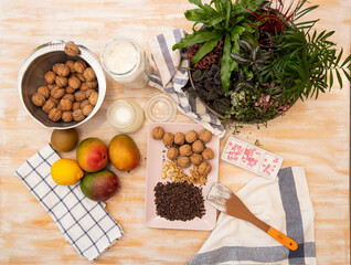 Healthy Food, Mango, Walnuts, Choclate, Chocolate Nips, on wooden background