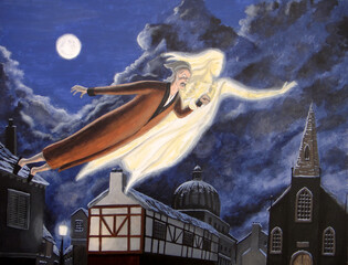 The Ghost of Christmas Past soars over the city with Ebenezer Scrooge in tow.   - obrazy, fototapety, plakaty