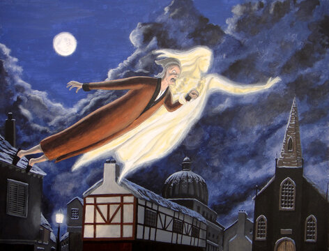 The Ghost of Christmas Past soars over the city with Ebenezer Scrooge in tow.  