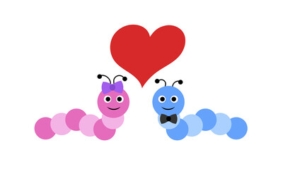 Caterpillar girl and caterpillar boy with red heart isolated on white background. Cute cartoon character. Vector illustration. Flat design