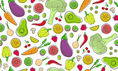 Seamless hand drawn fruit and vegetables pattern. Vegetarian healthy food concept. Colored vector pattern.