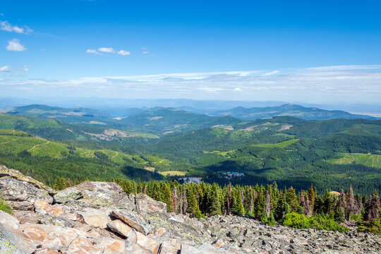 View from the summit peak of Mount Spokane State Park looking over the cities of Spokane, Spokane Valley, Newman Lake and Otis Orchards, Washington.