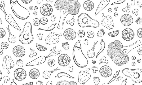Seamless hand drawn fruit and vegetables pattern. Vegetarian healthy food concept. Monochrome vector vintage background.