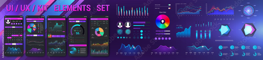 Aufkleber Graphic collection UI, UX, KIT elements for Web, App, GUI with statistics graphs, finance charts, diagrams, pie chart and infographic with Mobile Phone Application. UI graphic elements. Vector set