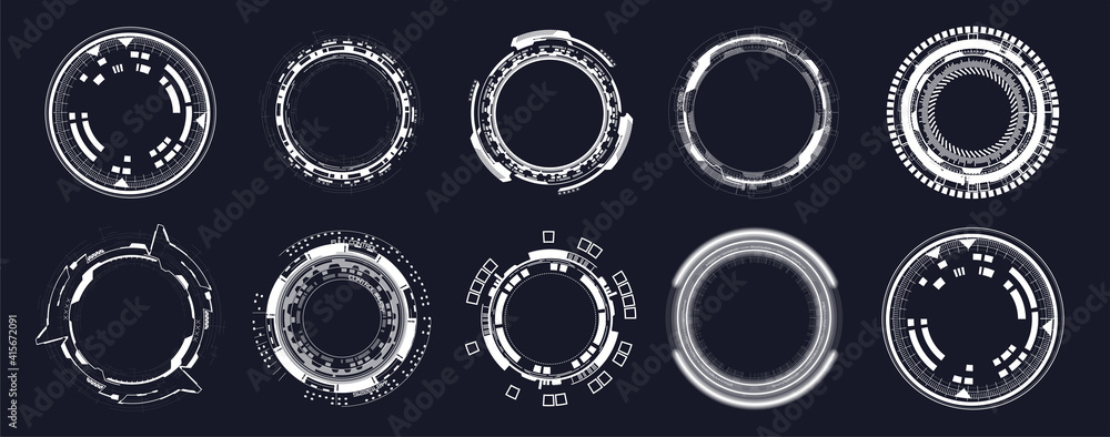 Poster Futuristic circle elements. HUD focus elements. Sci-fi circular design. Camera viewfinder collection, Military collimator sight, Sniper weapon target hud aiming, gun targets. Vector circle HUD set