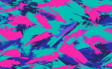 Neon Seamless camouflage pattern of brush strokes. Multicolor camouflage in cyberpunk style with neon flowers, perfect for clothes. 
Seamless pattern of grunge strokes. Vector illustration - obrazy, fototapety, plakaty