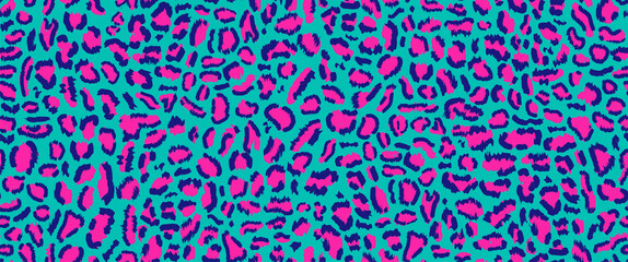 Neon seamless pattern, leopard print with acid colors in retro-futuristic 80s - 90s style. Neon leopard background in cyberpunk style. Vector seamless pattern. Exotic animals abstract background.