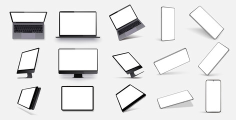 Mock-ups gadgets collection smartphone, tablet, laptop, notebook blank screen. Device UI/UX mockup for presentation template. Vector illustration mobile device at different angles