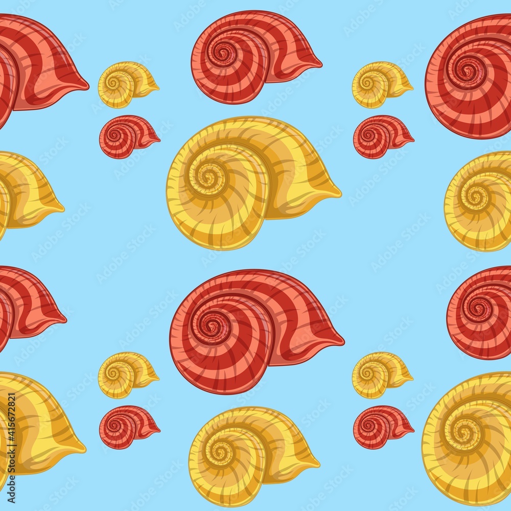 Poster Seamless pattern with yellow and red shells on a blue background. Carrot design with seashells. Vector background for wrapper, wallpaper, fabric, background for a computer or phone.