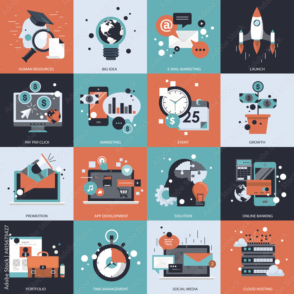 Poster business, technology and management icon set for websites and mobile applications. flat vector illus