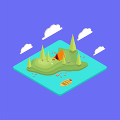 Isometric terrain with topography. Camping, hiking and travel outdoor. 
Mountains and plains. GPS map navigation. Isometric cartoon colorful vector illustration.