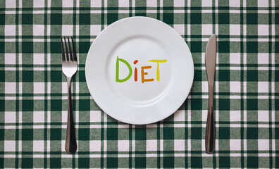 A white plate on which the multicolor word Diet is written standing on a checkered green tablecloth. The concept of a balanced diet, ration and medical fasting. Top view, white background, copy space.