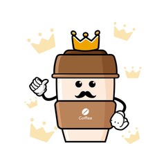 cute king coffe cup cartoon mascot character vector design