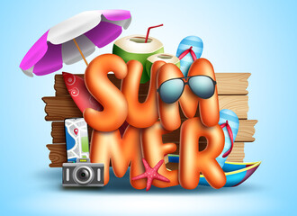 Summer vector concept design. Summer 3d text in wood texture background with tropical elements like umbrella, sunglasses and camera for holiday vacation outdoor travel. Vector illustration

