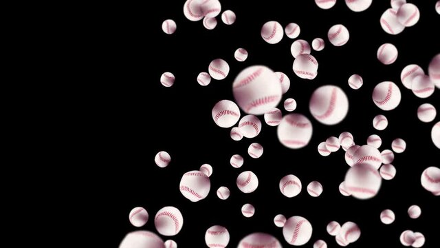 Flying many baseball balls on black background. Bat and ball. Sport equipment. 3D loop animation of baseball balls with red stitching.