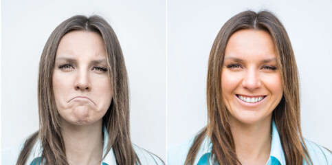 Sad and happy woman face. Lady with smiling and frowning face. Young woman expressing different...