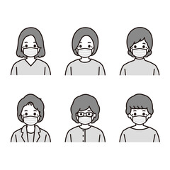 シニア 女性 マスク モノクロ アイコン イラスト