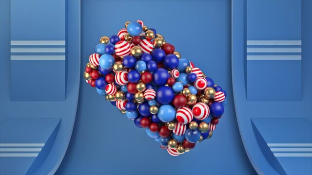 Abstract tiny small round shaped particles flying and spinning in created parallelepiped figure. Animation. Colorful spheres rotating and moving, seamless loop.