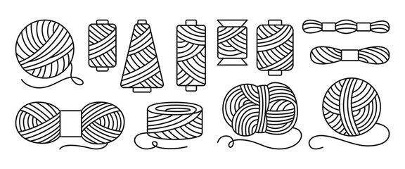 Sewing threads or yarn black line set. Spool and bobbin outline. Dressmaking needlework tools. Dressmaking, sewing workshop, tailoring hobby knitting, weaving wool. Isolated vector illustration - obrazy, fototapety, plakaty