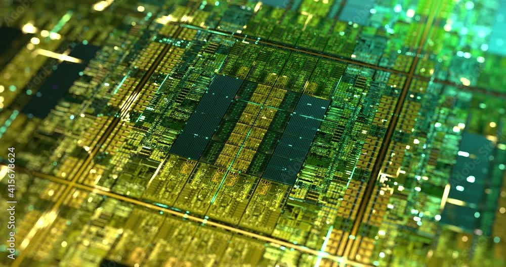 Poster electronic computer hardware, silicon wafer with gold elements. data flow with lights. high tech sci
