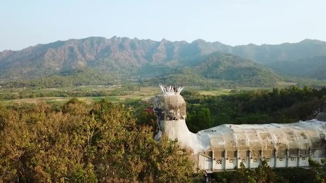 Aerial side view of Chicken church and Menoreh hills in Muntilan Indonesia