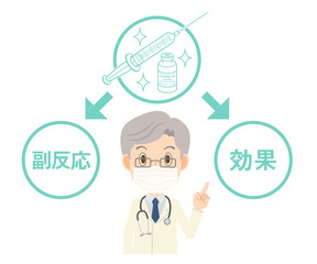 新型コロナワクチンの効果と副反応の説明をするマスクの男性医師