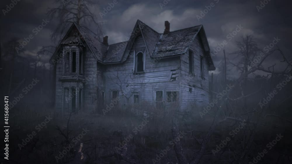 Wall mural abandoned house among dead trees and fog 4k loop features an old abandoned house in a field with dea