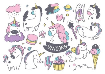 set of cartoon unicorn doodle with other cute object vector illustration