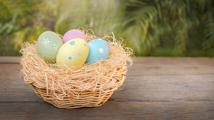 Easter nest on a wooden surface.