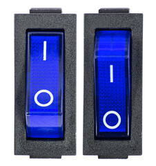 Blue power switches at ON and OF position, isolated on white background