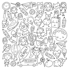 Vector pattern with items for school. Online internet education, e-learning.