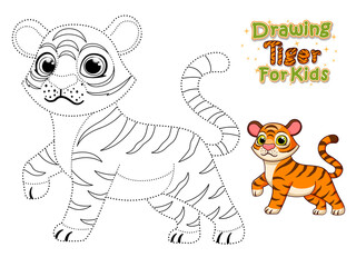 Drawing and coloring pages printables cute cartoon Tiger. Crafts and Worksheets for kid. Vector Illustration